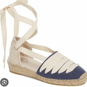 Espadrille Lace-Up Flat in Navy and Cream